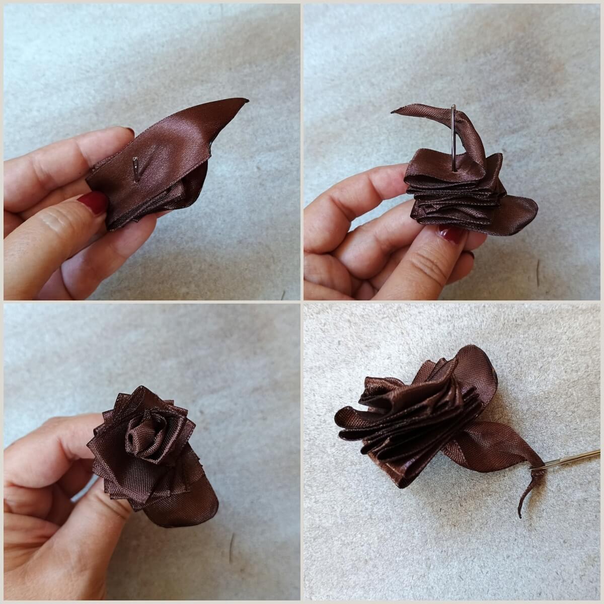 Bandblume anfertigen, Band durch Nadel ziehen