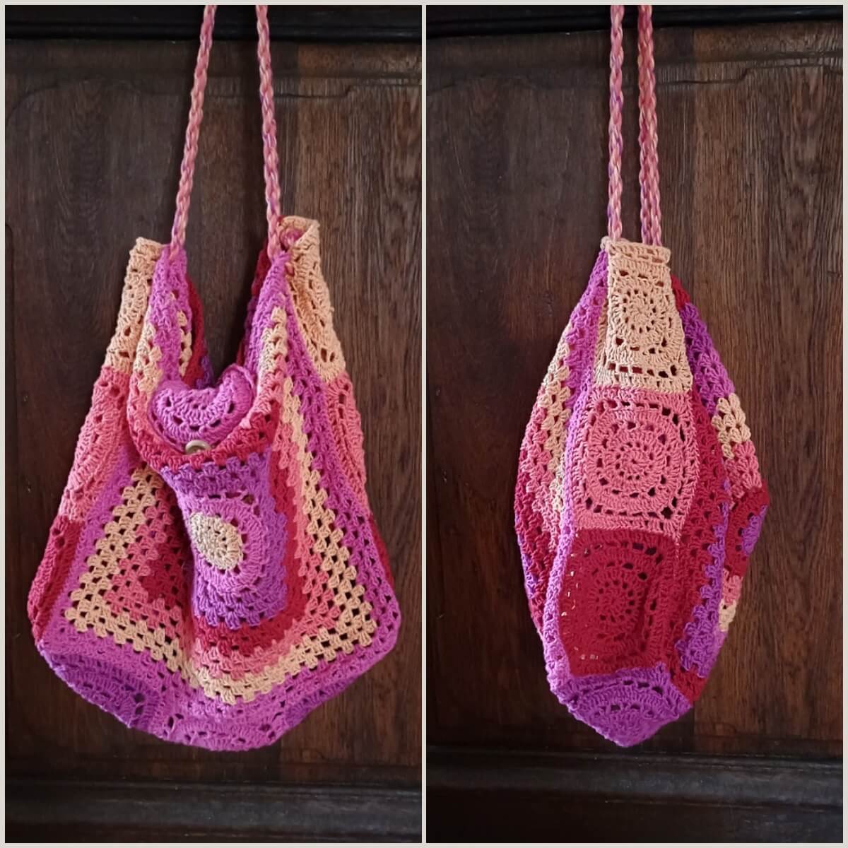 Schultertasche aus Granny Squares, Voder- und Seitenansicht