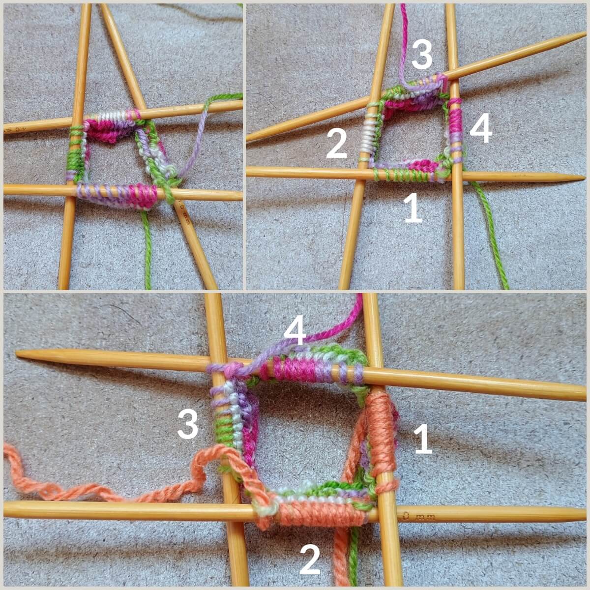 Erste Runde beim Stricken mit Garnresten
