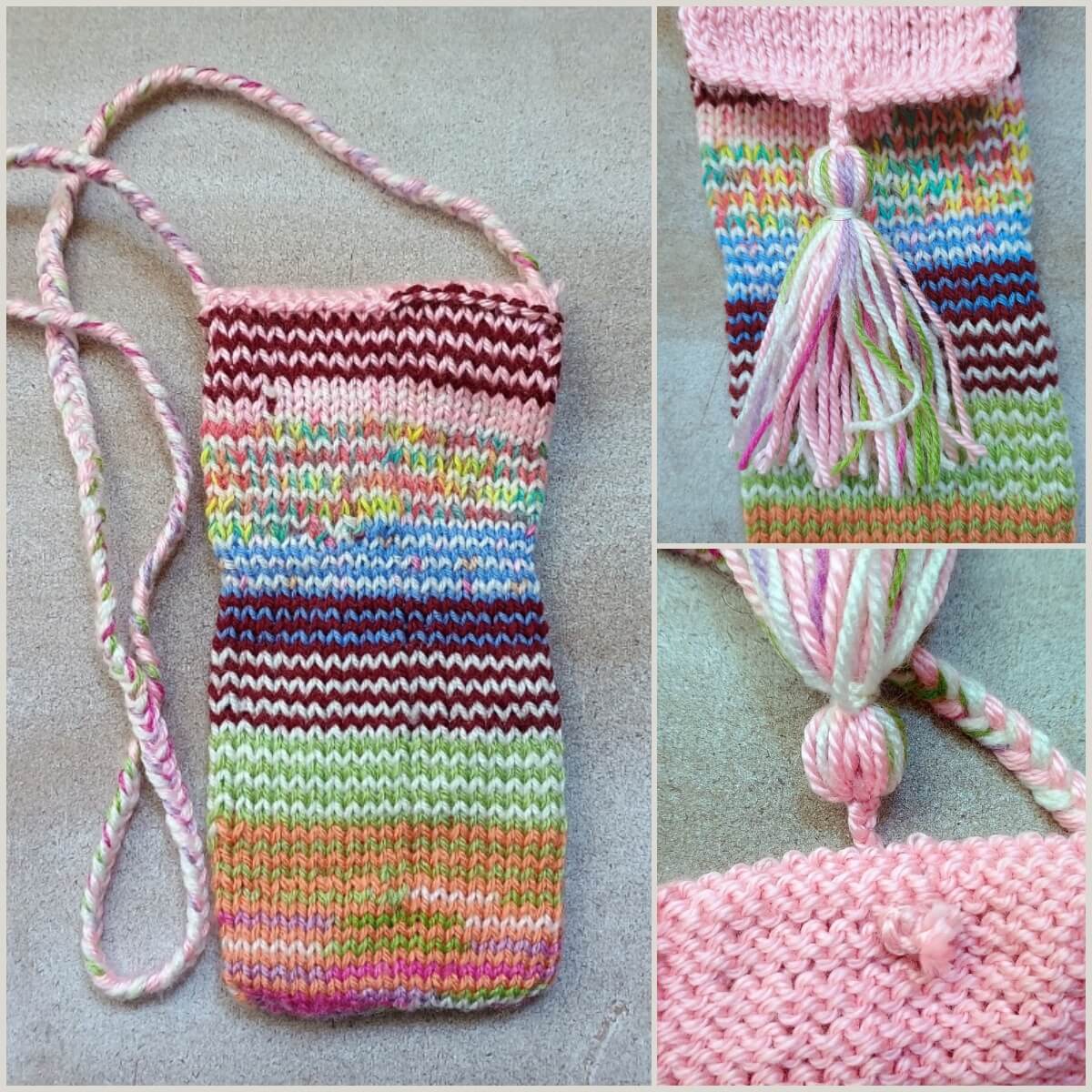 Rückseite und Quaste als Verschluss der Handytasche aus Garnresten