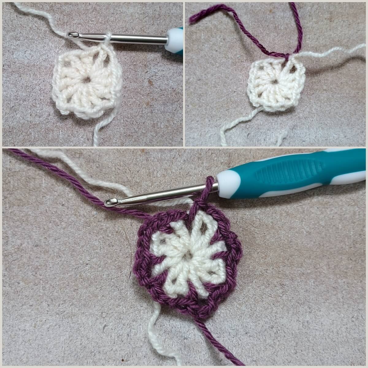 Runde 1 und 2 beim zweifarbigen Granny Square mit Farbwechsel