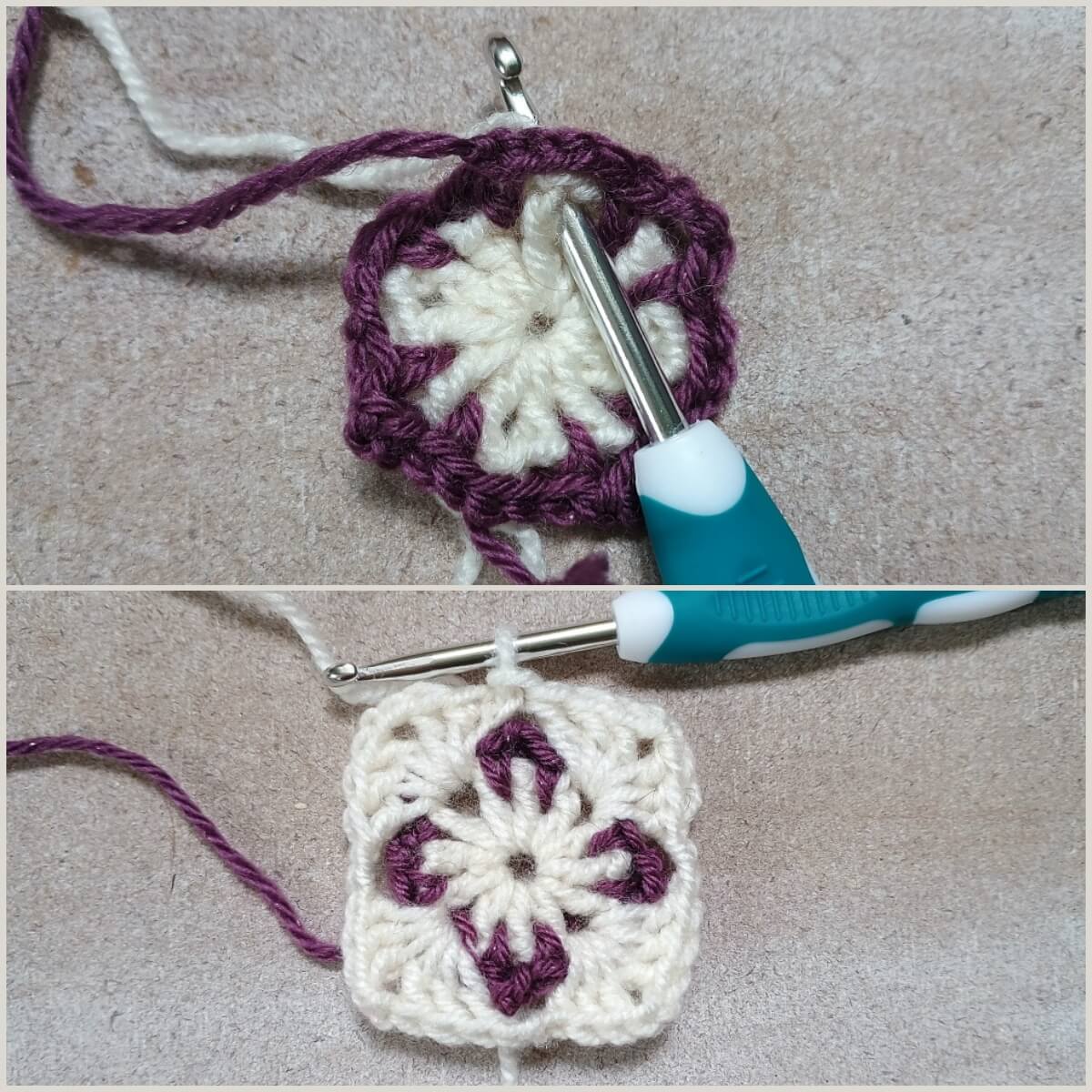 zweifarbiges Granny Square mit nächster Runde bearbeiten