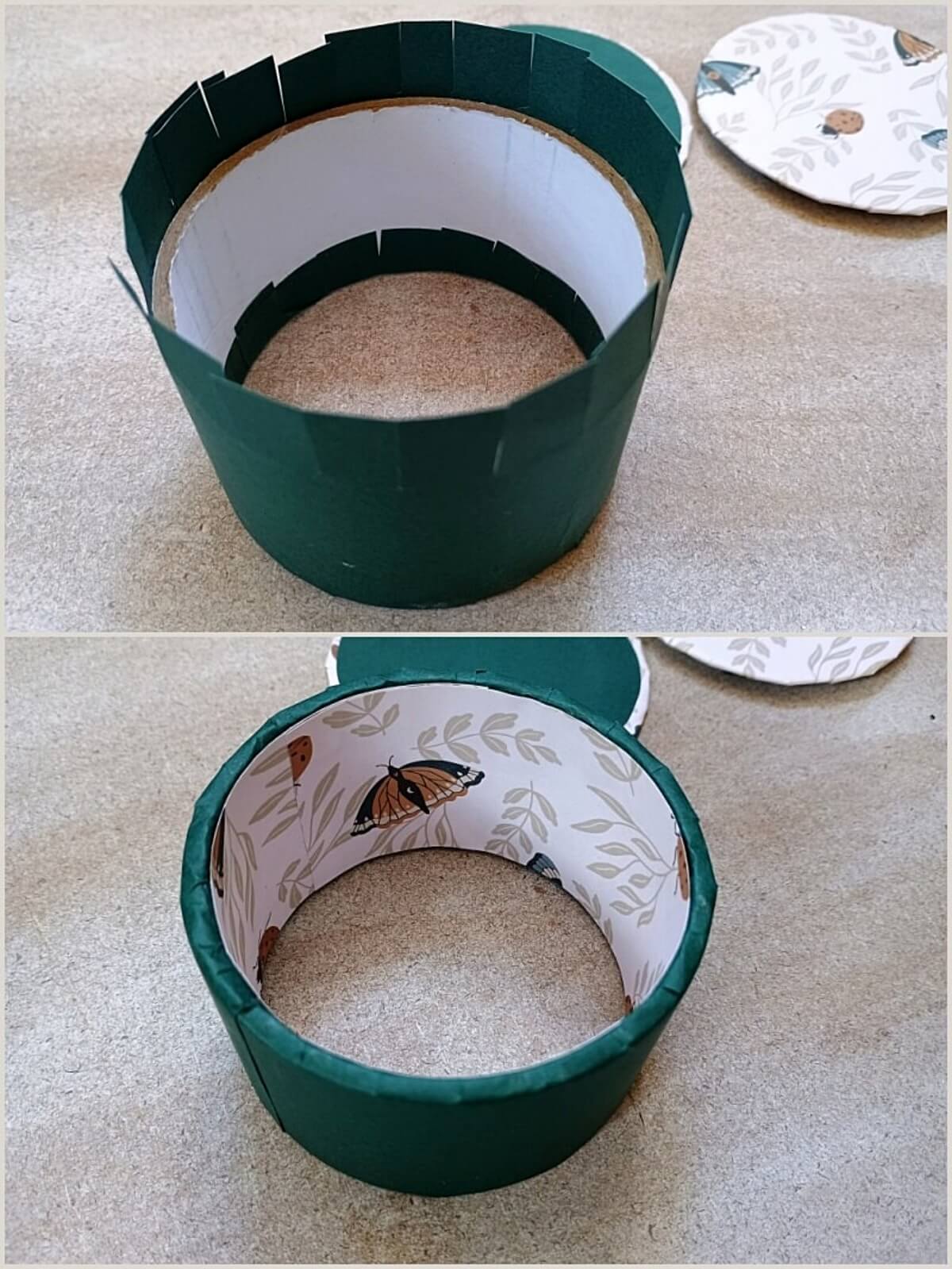 Pappkern innen und außen mit Papier bekleben