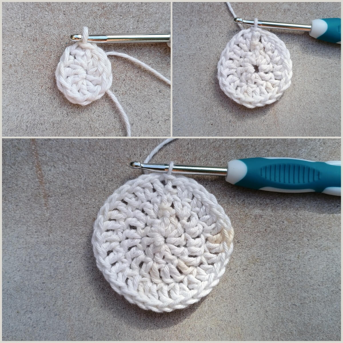 Runde 1 bis 3 vom Kürbis-Granny-Square