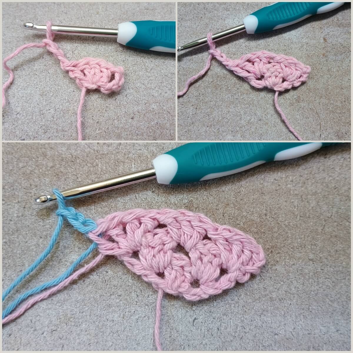 Reihe 1 bis 3 beim diagonalen Granny Square mit Farbwechsel