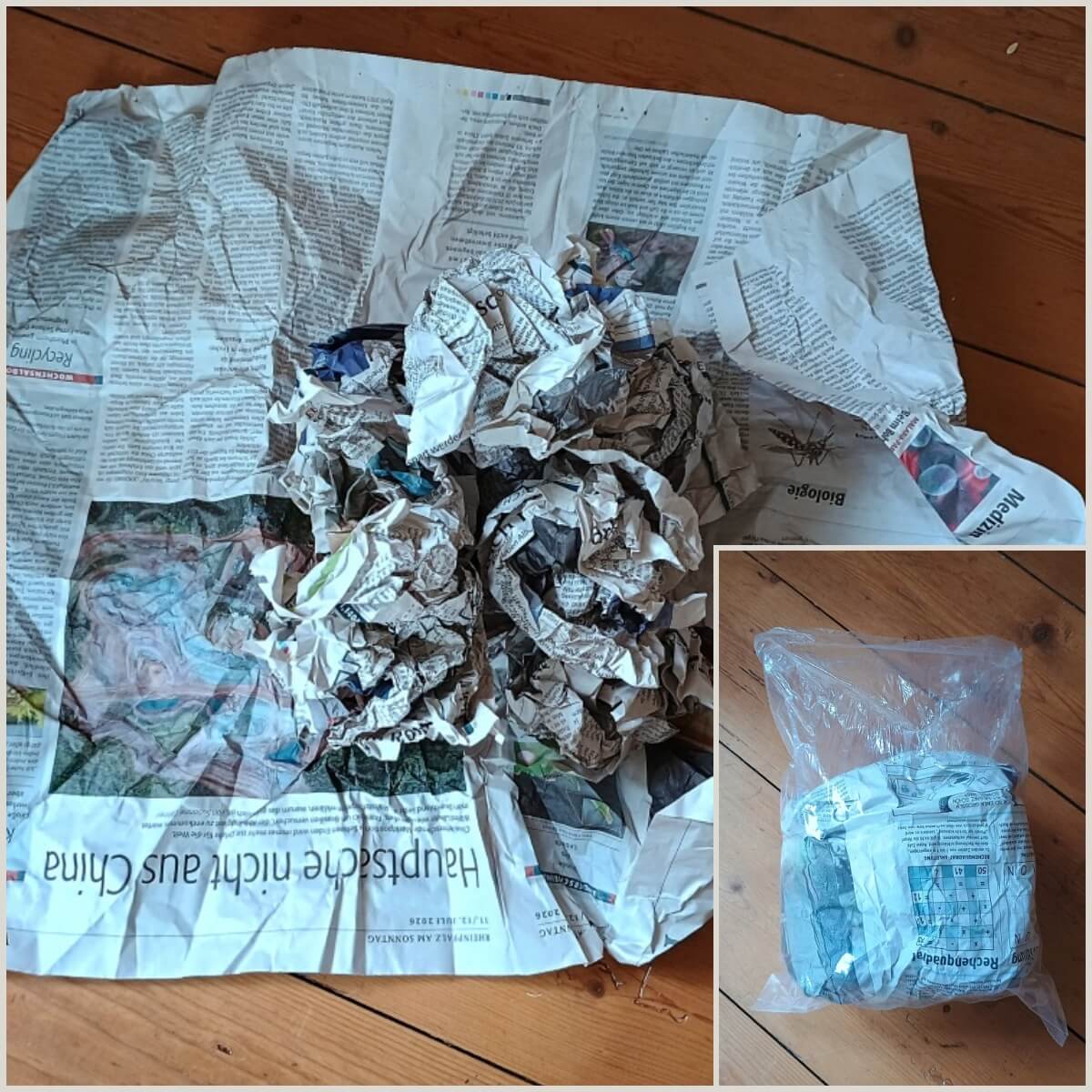 Zeitung zusammenknüllen und in Tüte geben
