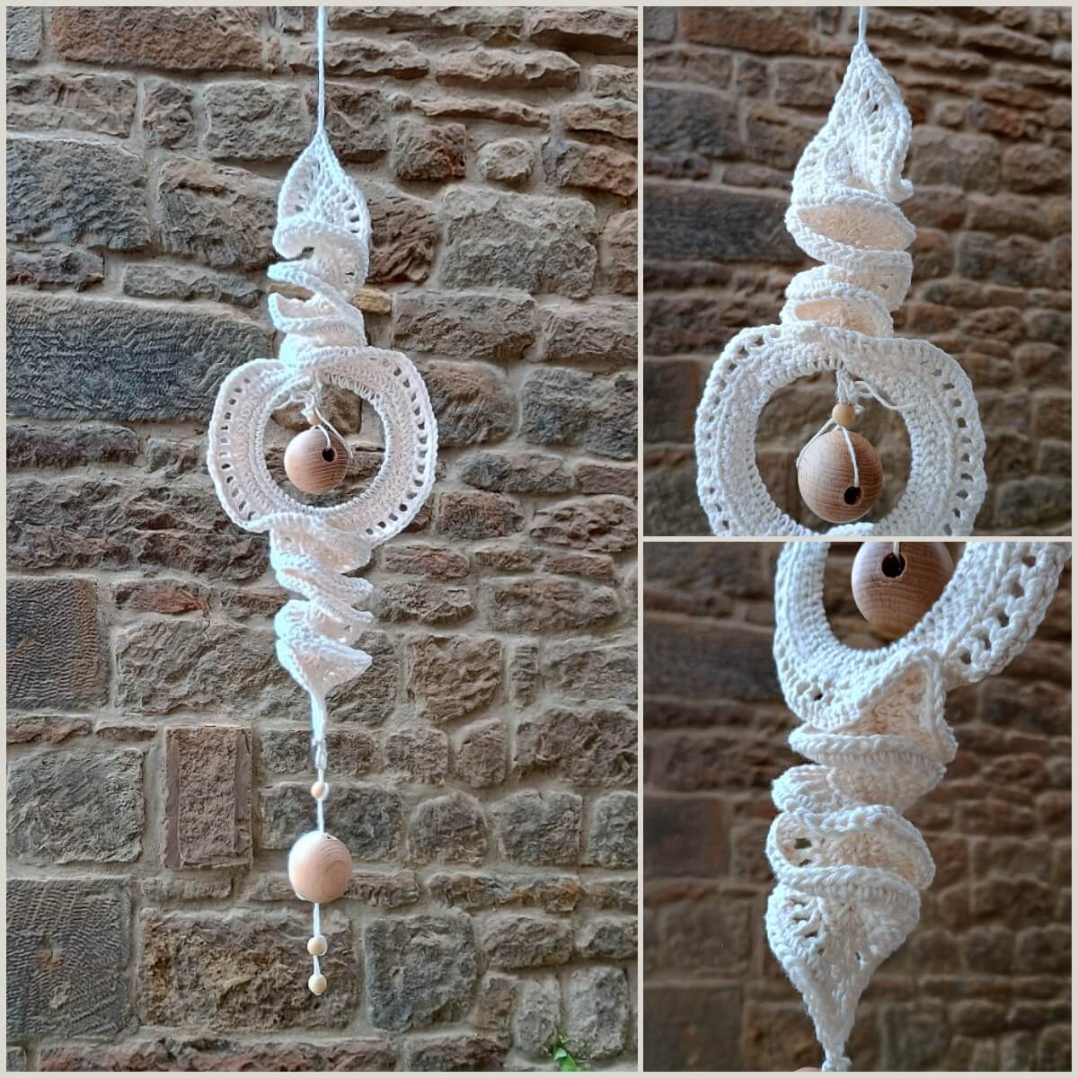 Windspinner in Creme mit großen Holzkugeln