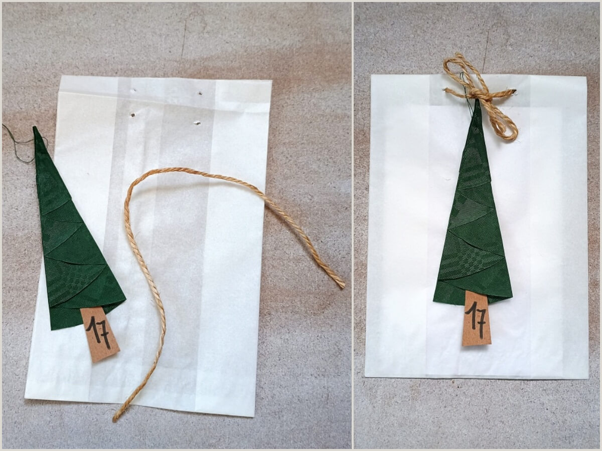 Butterbrottüten lochen und mit Tannenbaum als Anhänger verzieren