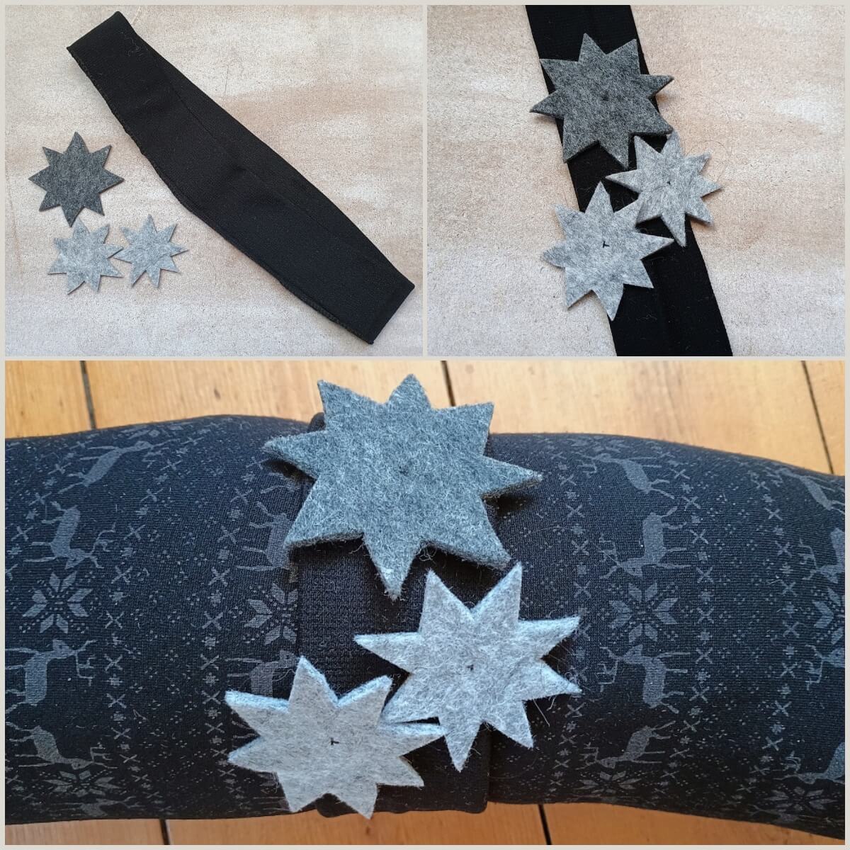 Sterne aus grauem Filz als Deko auf dem DIY Zugluftstopper